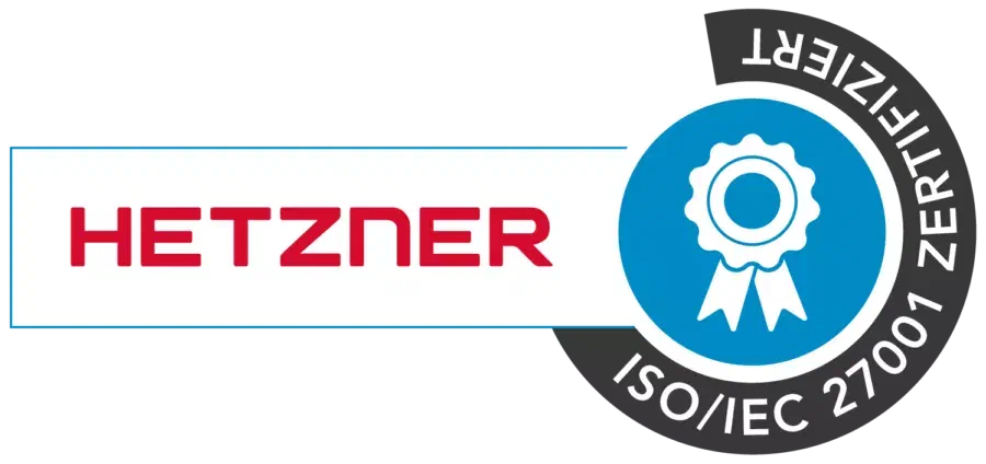 Hetzner-Zeichen für ISO-27001-zertifizierte Infrastruktur.
